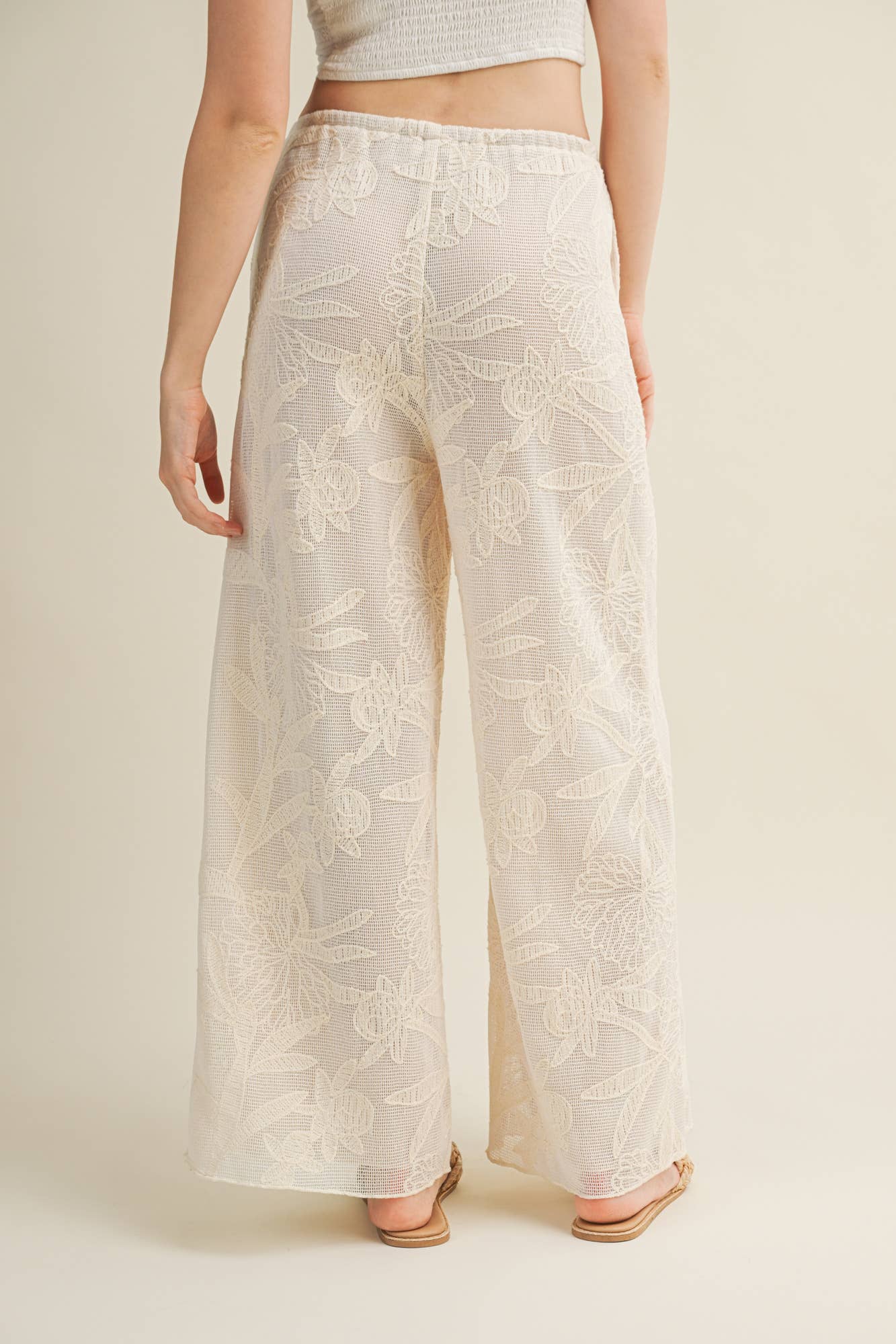 FAUX CROCHET WIDE LEG PANTS WITH WAIST DRAWSTRING