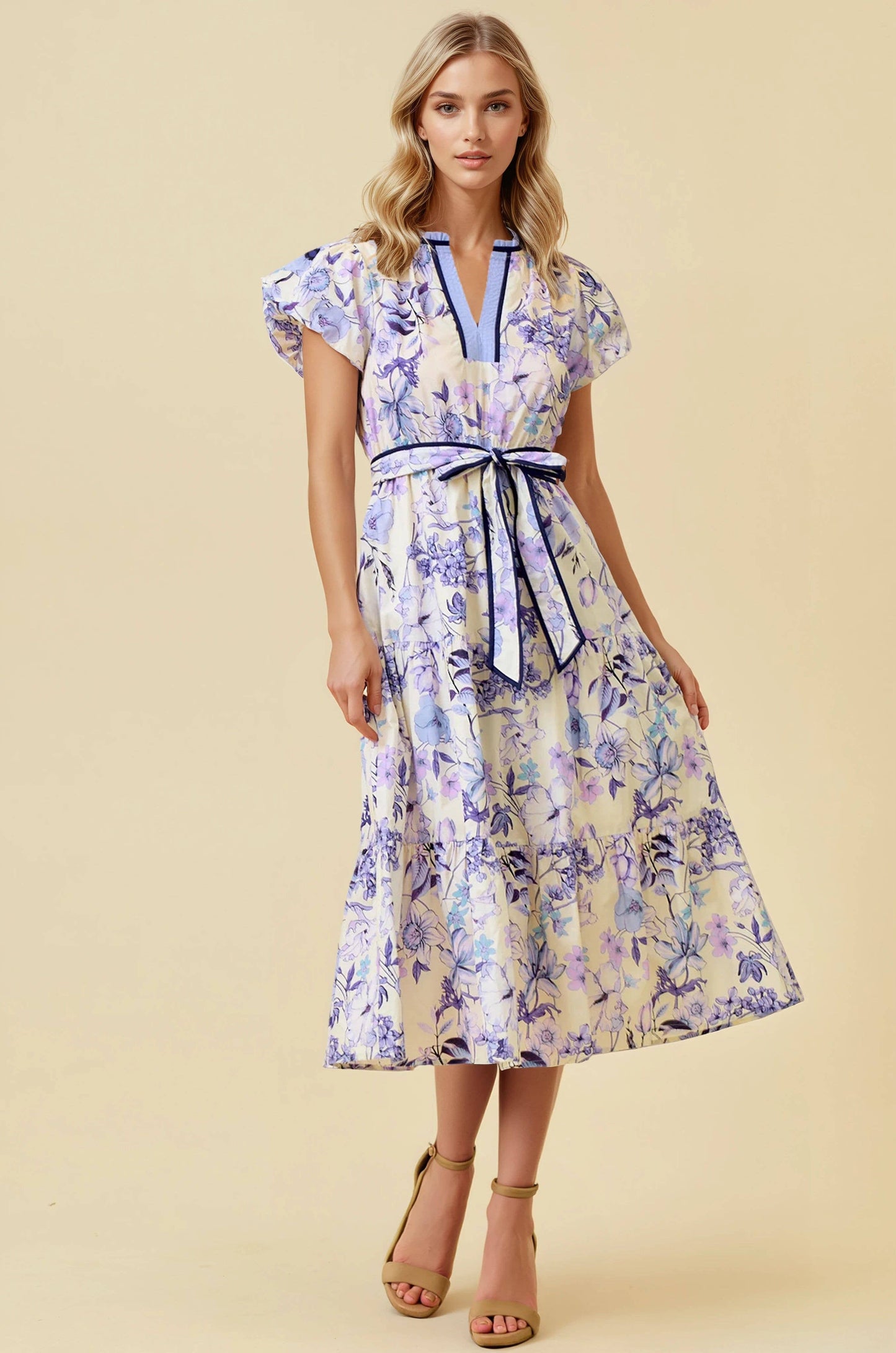 FLORAL PRINT BUBBLE SHORT SLEEVE TIERED MIDI DRESS