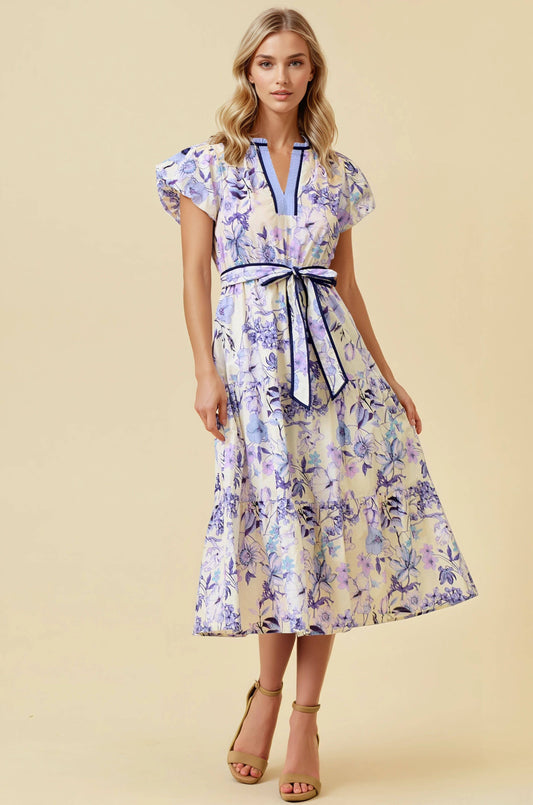 FLORAL PRINT BUBBLE SHORT SLEEVE TIERED MIDI DRESS