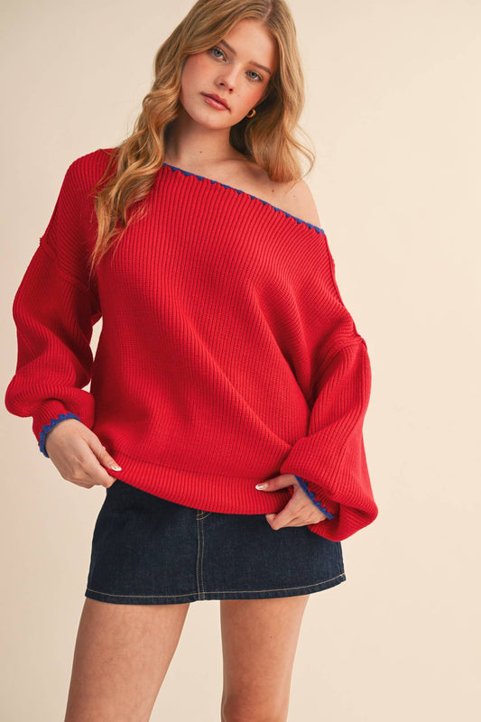 BOAT NECK TRIANGLE STITCH PUFF SLEEVE SWEATER