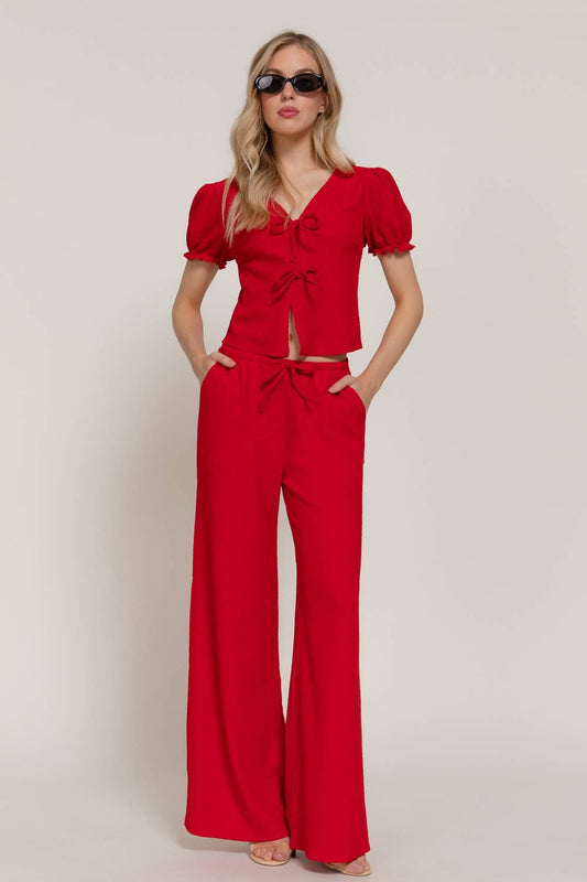 Short Sleeve V-Neck with Tie Top & Texture Knit Pants Set
