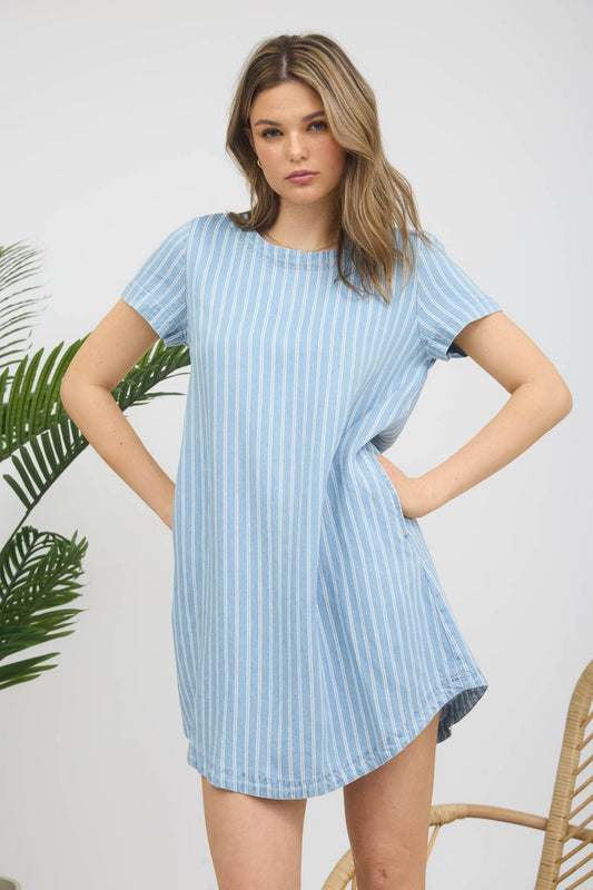 STRIPED CHAMBRAY BACK BUTTON MINI SHIRT DRESS