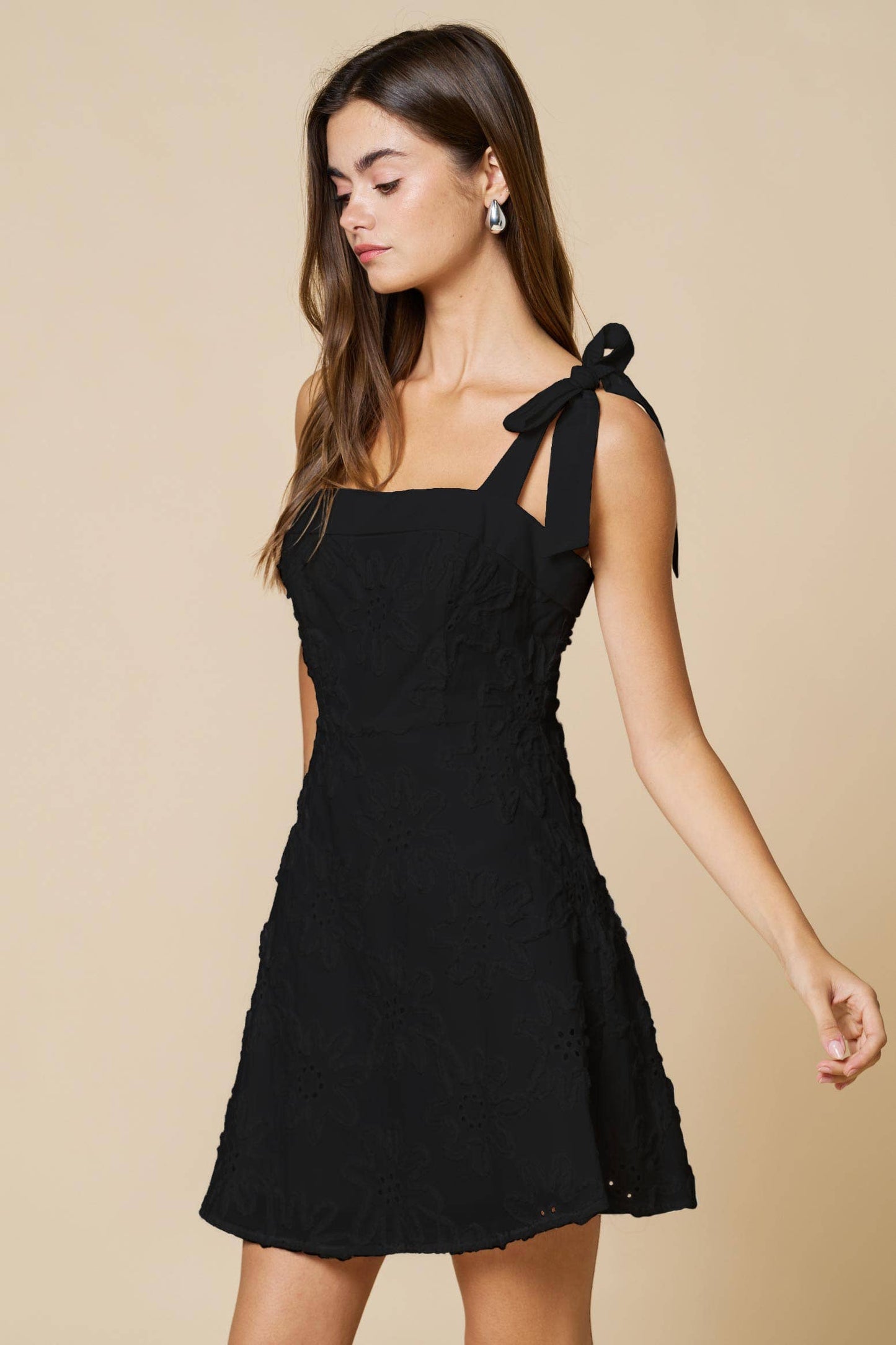 Flower Texture Dress W/ Bow Ribbon Shoulder Ties