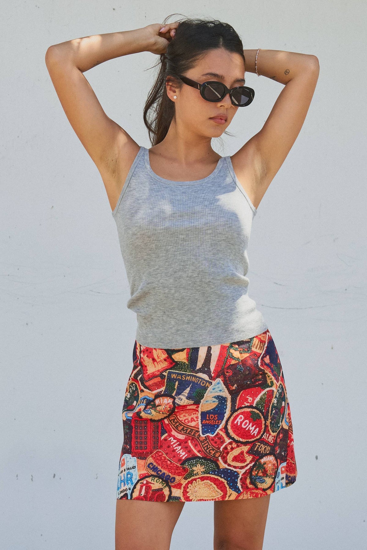 Travel Patch Print A-Line Mini Skirt