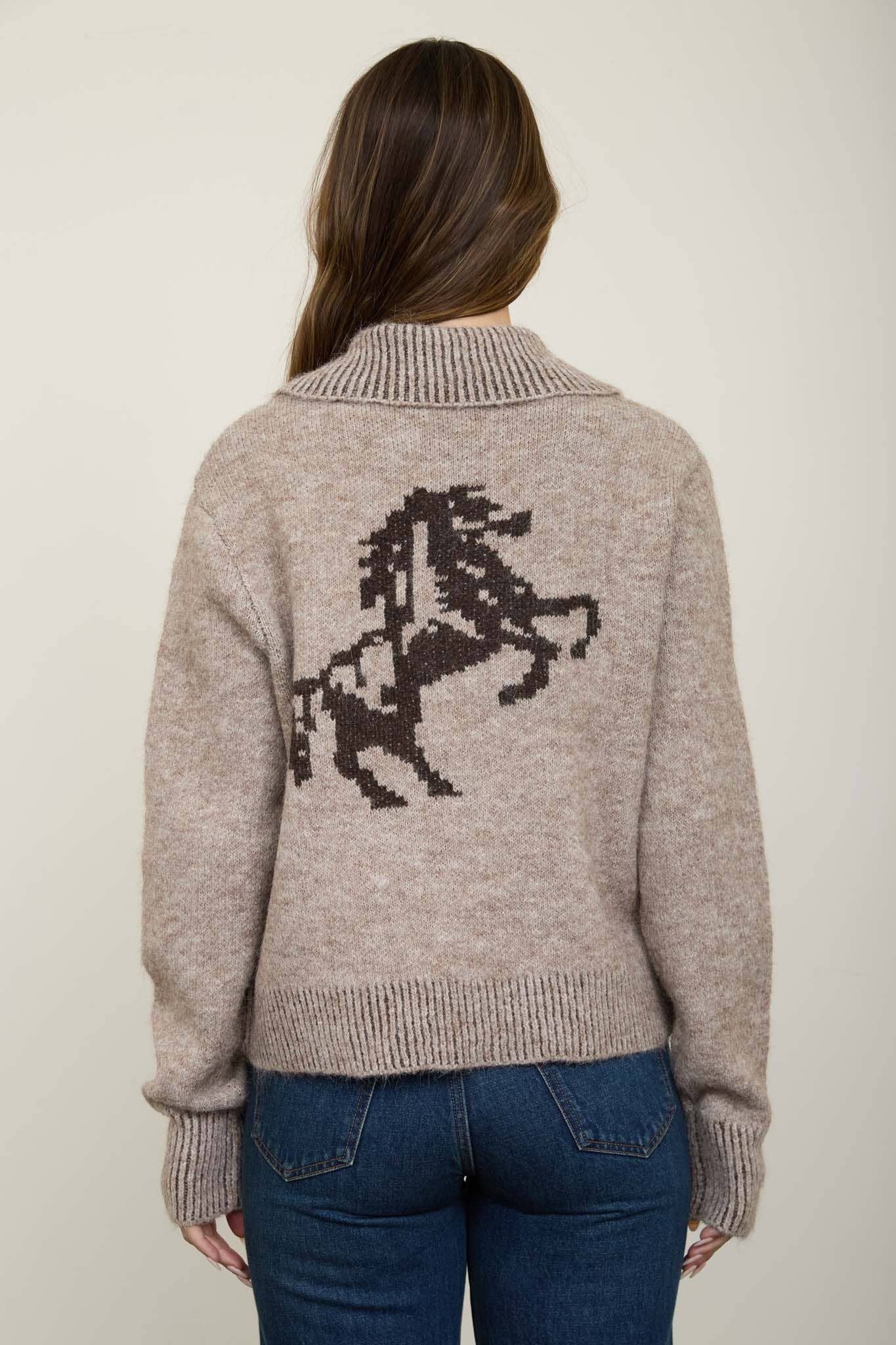 WESTERN JACQUARD COLLARED ZIP-UP KNIT CARDIGAN