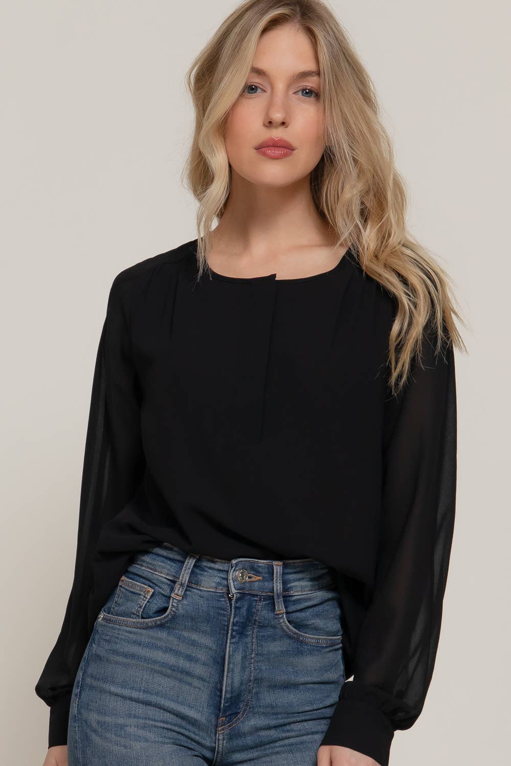 Long Sleeve Round Neck Chiffon Blouse