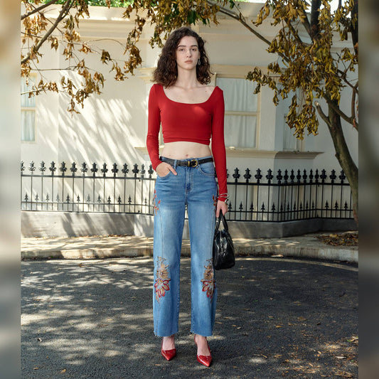 HIGH RISE EMBROIDERED WIDE LEG JEANS WITH RAW HEM BYW8254