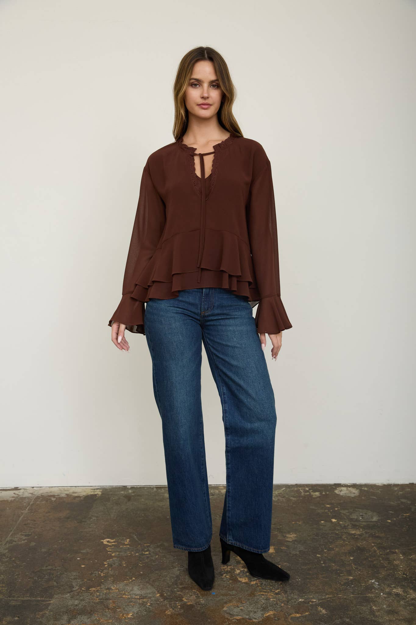 TIERED RUFFLE TIE-NECK LONG SLEEVE TOP