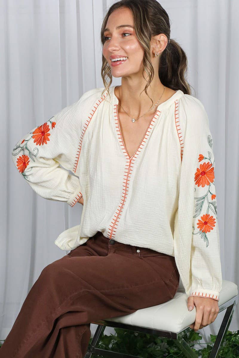 Boho Floral Embroidered  Gauze Blouse