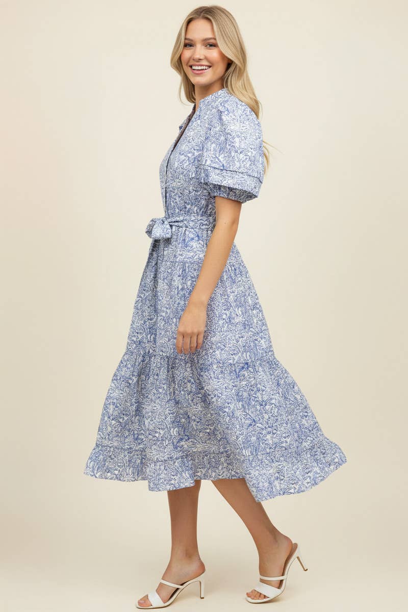 FLORAL PRINT TIERED MIDI DRESS WITH PUFF SLEEVES - 5704DB