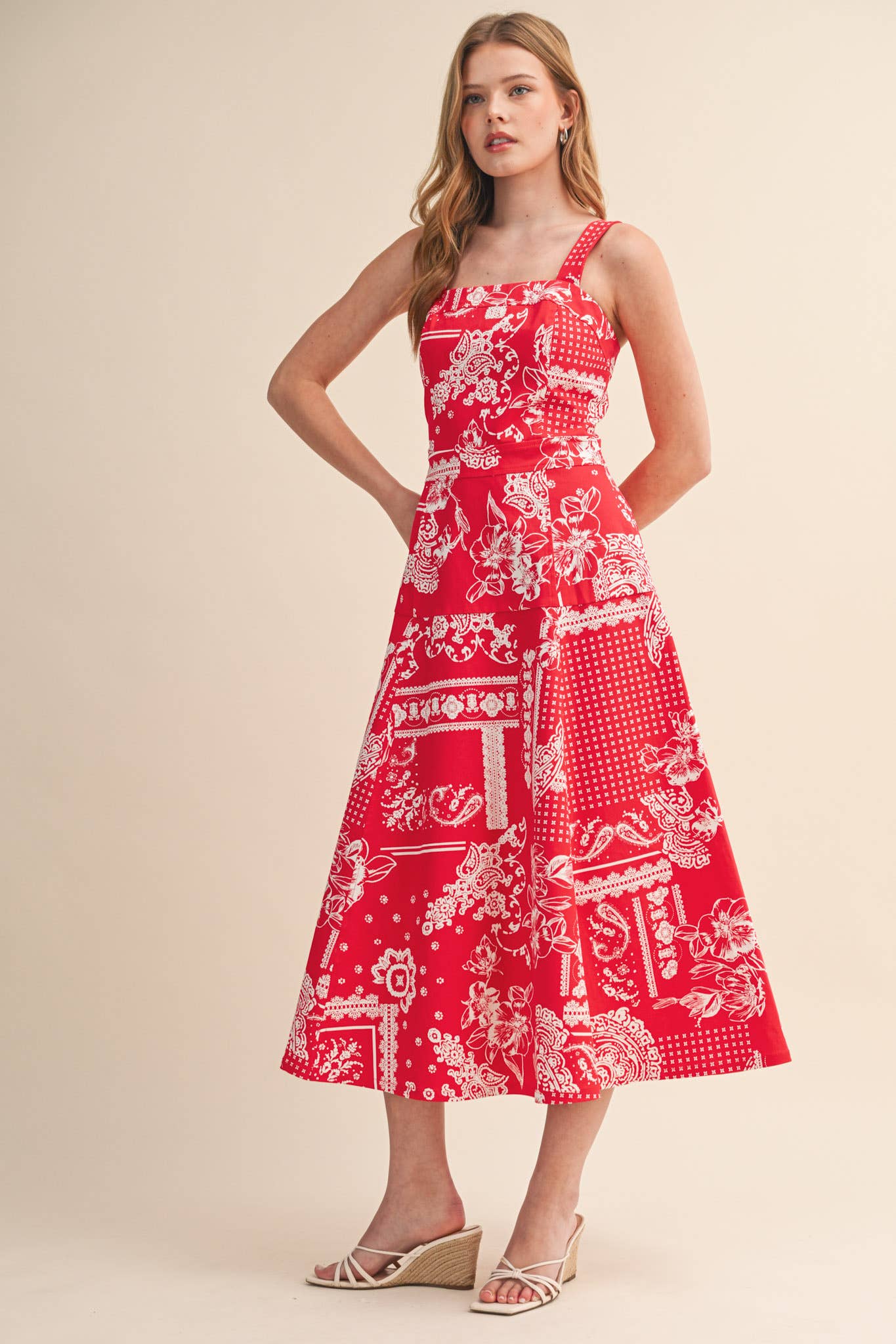 FLORAL PAISLEY PRINT DENIM MIDI DRESS