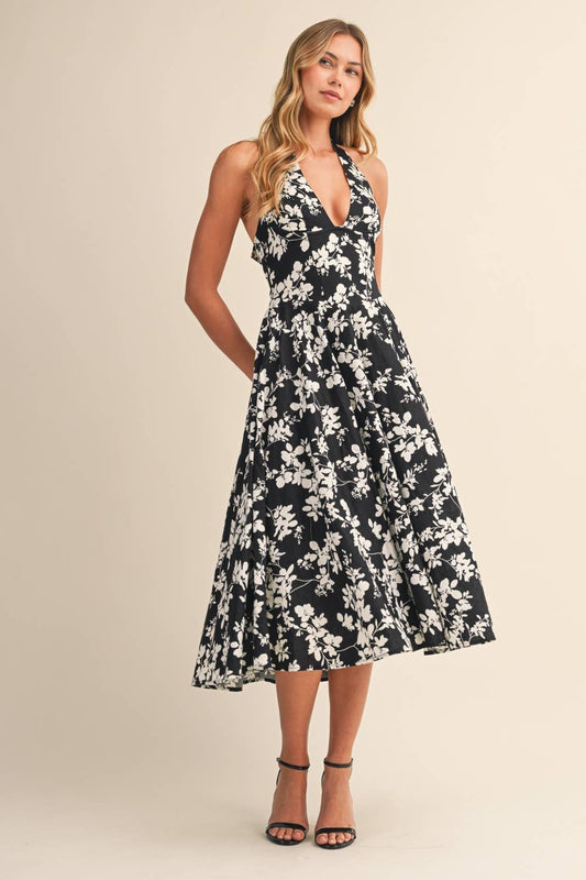 FLOWER PRINTED HALTER MIDI DRESS