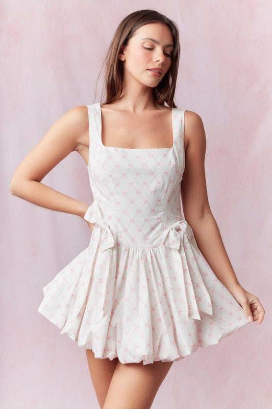 Bow Print Mini Bubble Dress - Pink