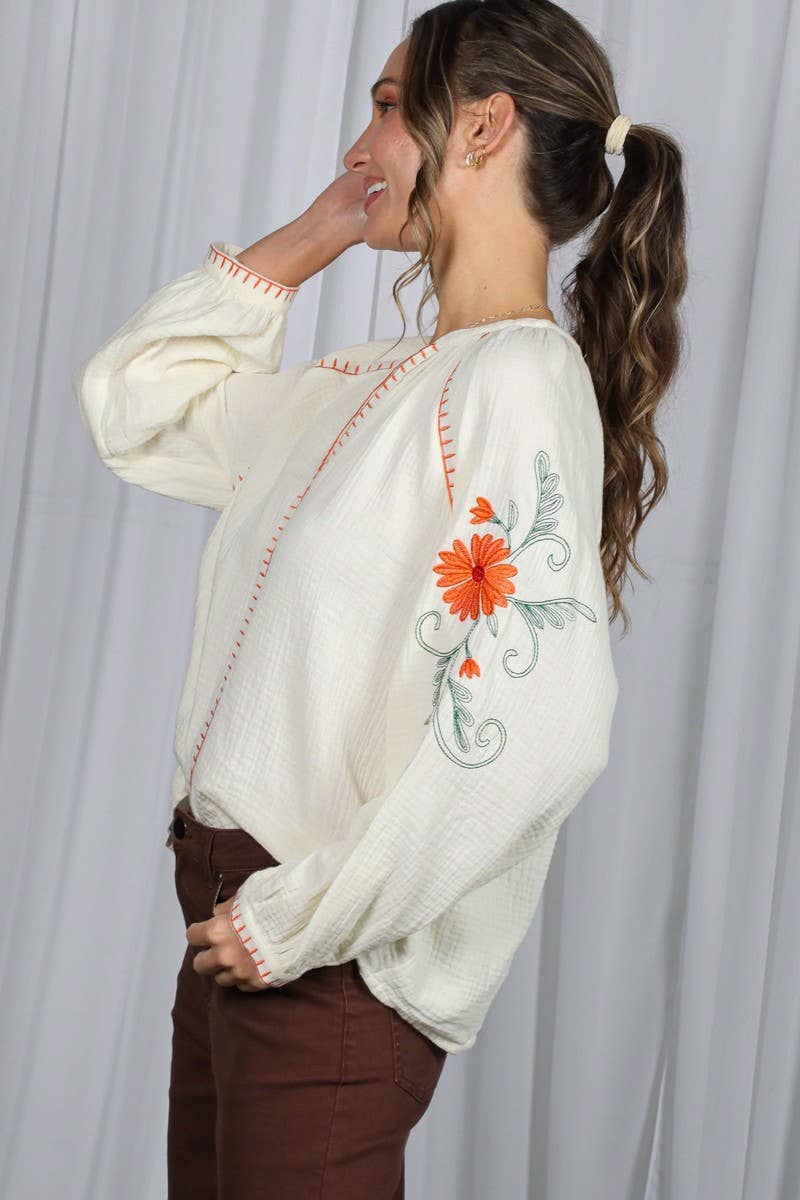 Boho Floral Embroidered  Gauze Blouse