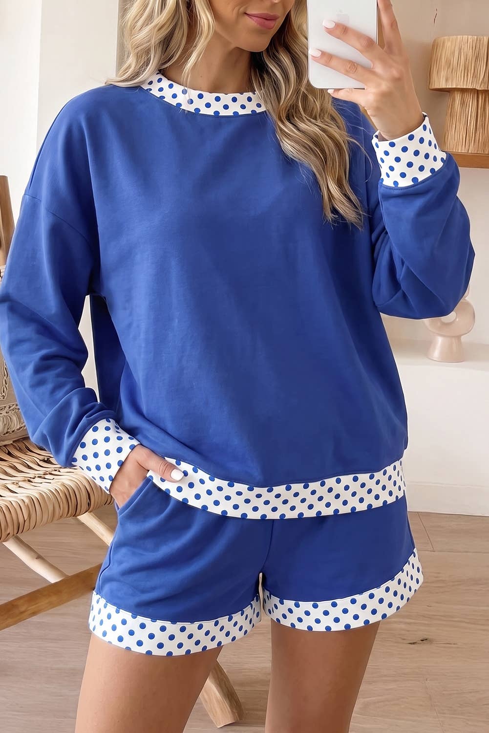 Polka Dot Trim Print Mock Neck Top and Shorts Set