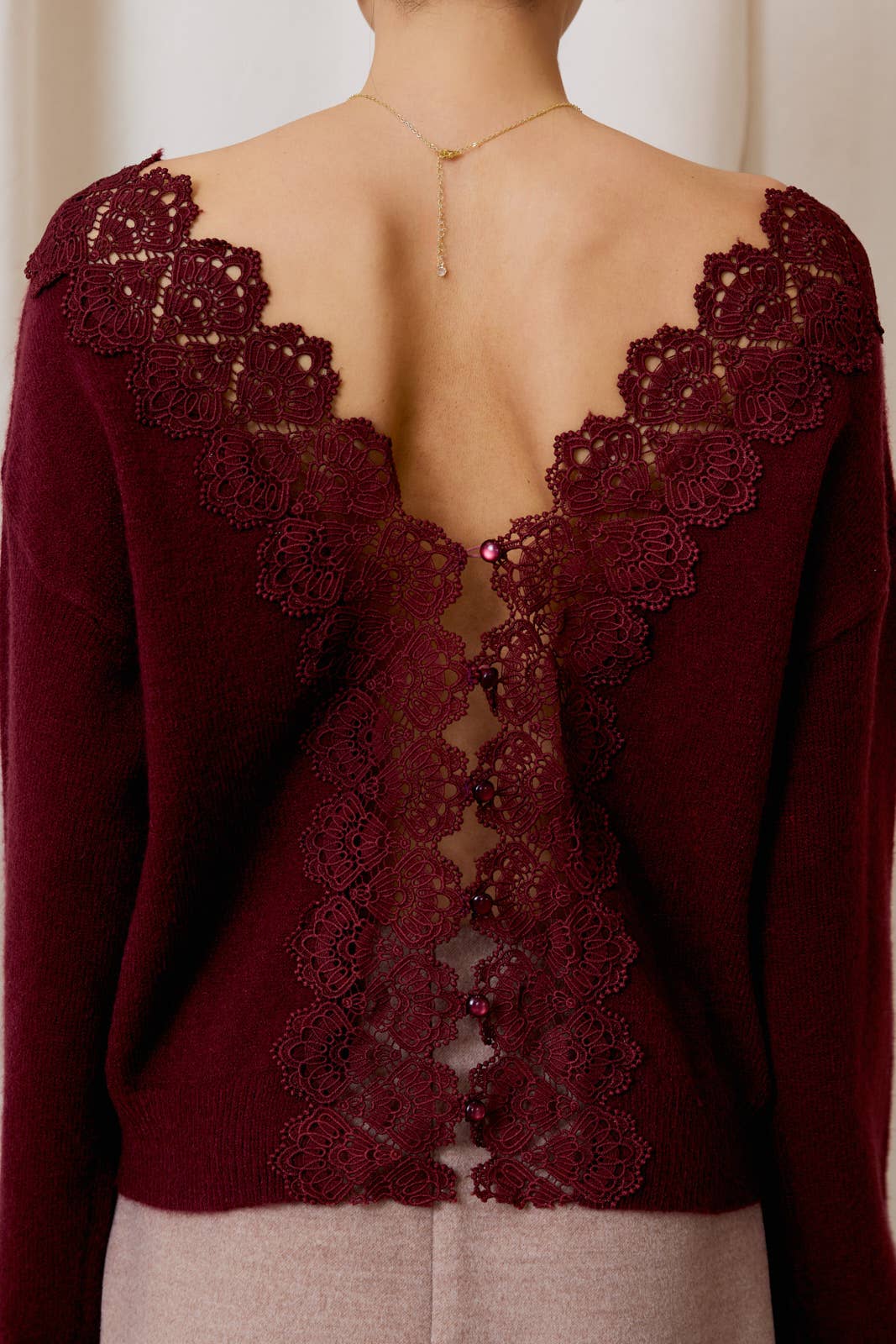 BACK LACE TRIM LONG SLEEVE SWEATER