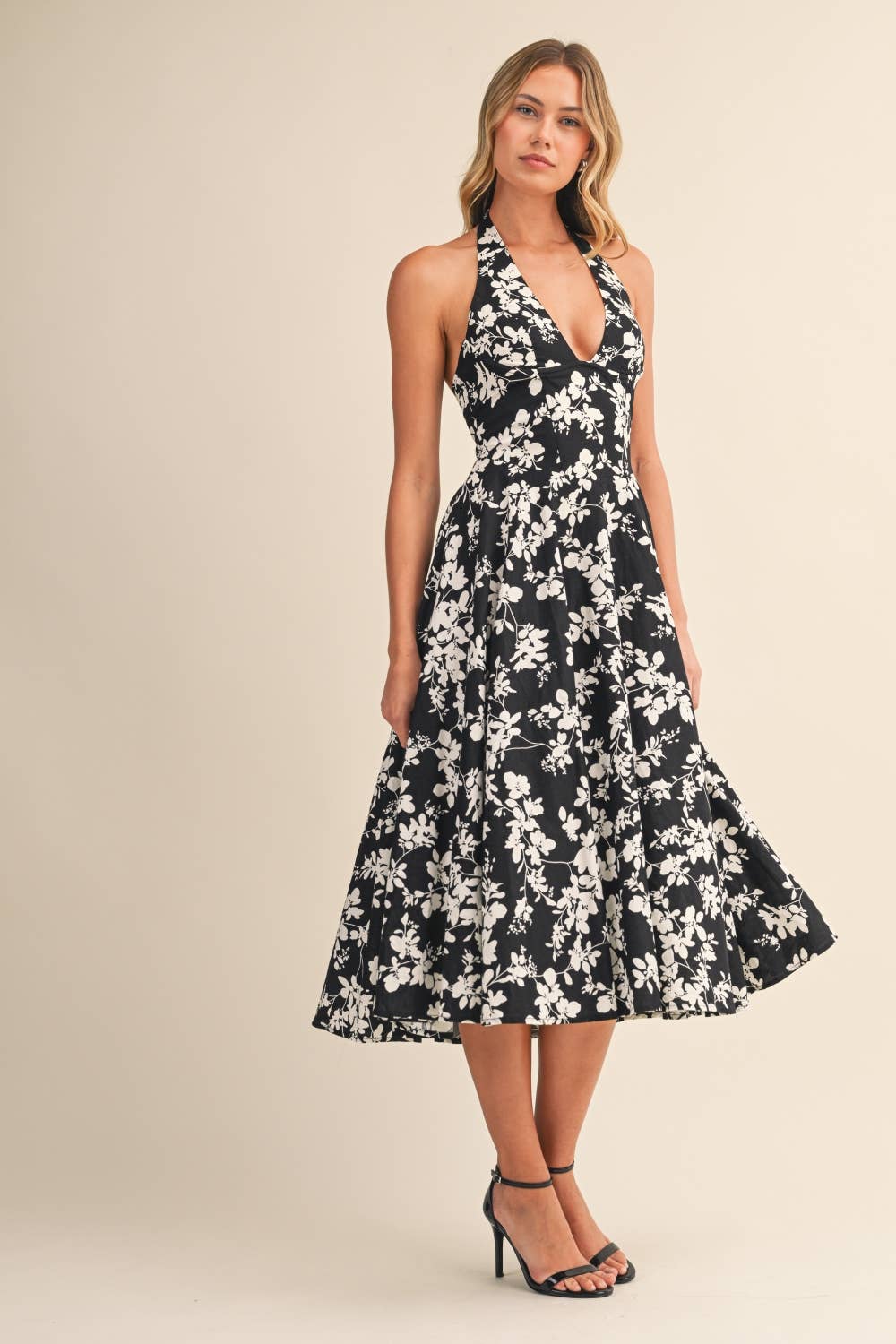 FLOWER PRINTED HALTER MIDI DRESS