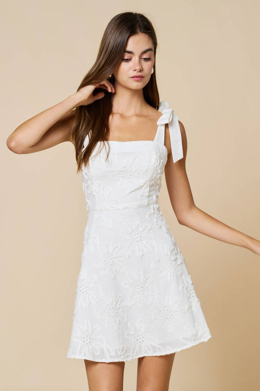 Flower Texture Dress W/ Bow Ribbon Shoulder Ties