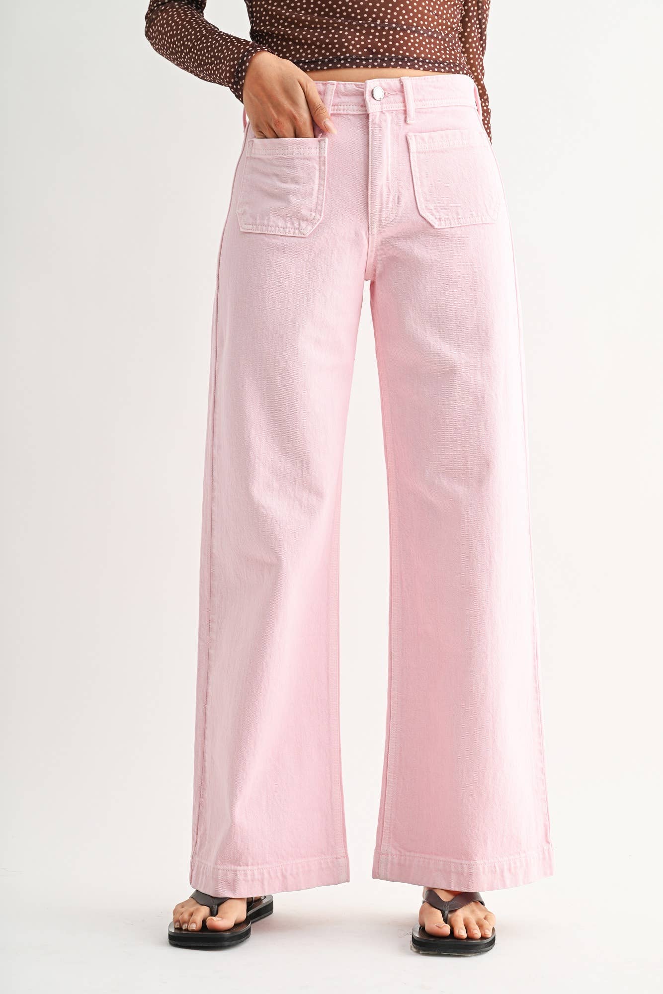 Pastel Pink Micro Patch Pocket Wide Leg Jean
