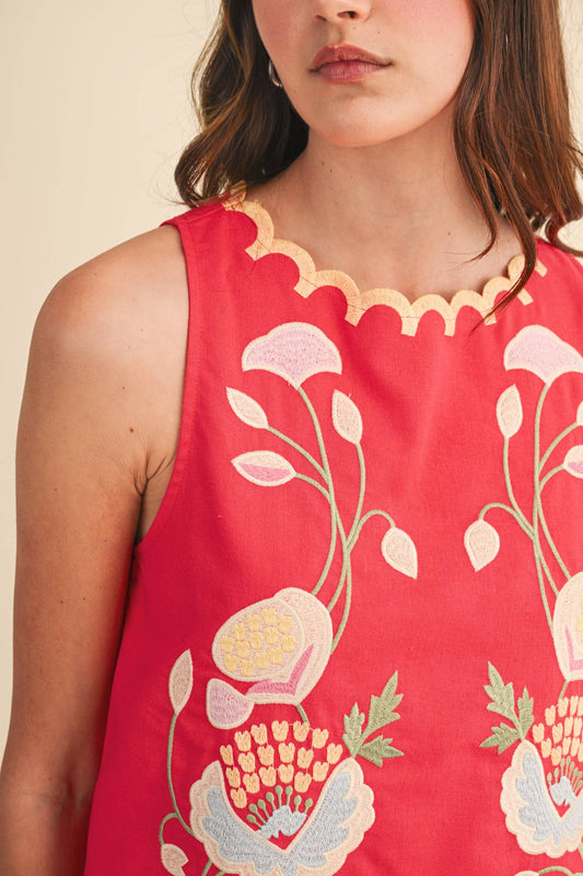 FLORAL EMBROIDERY SCALLOPED TANK MTP4915