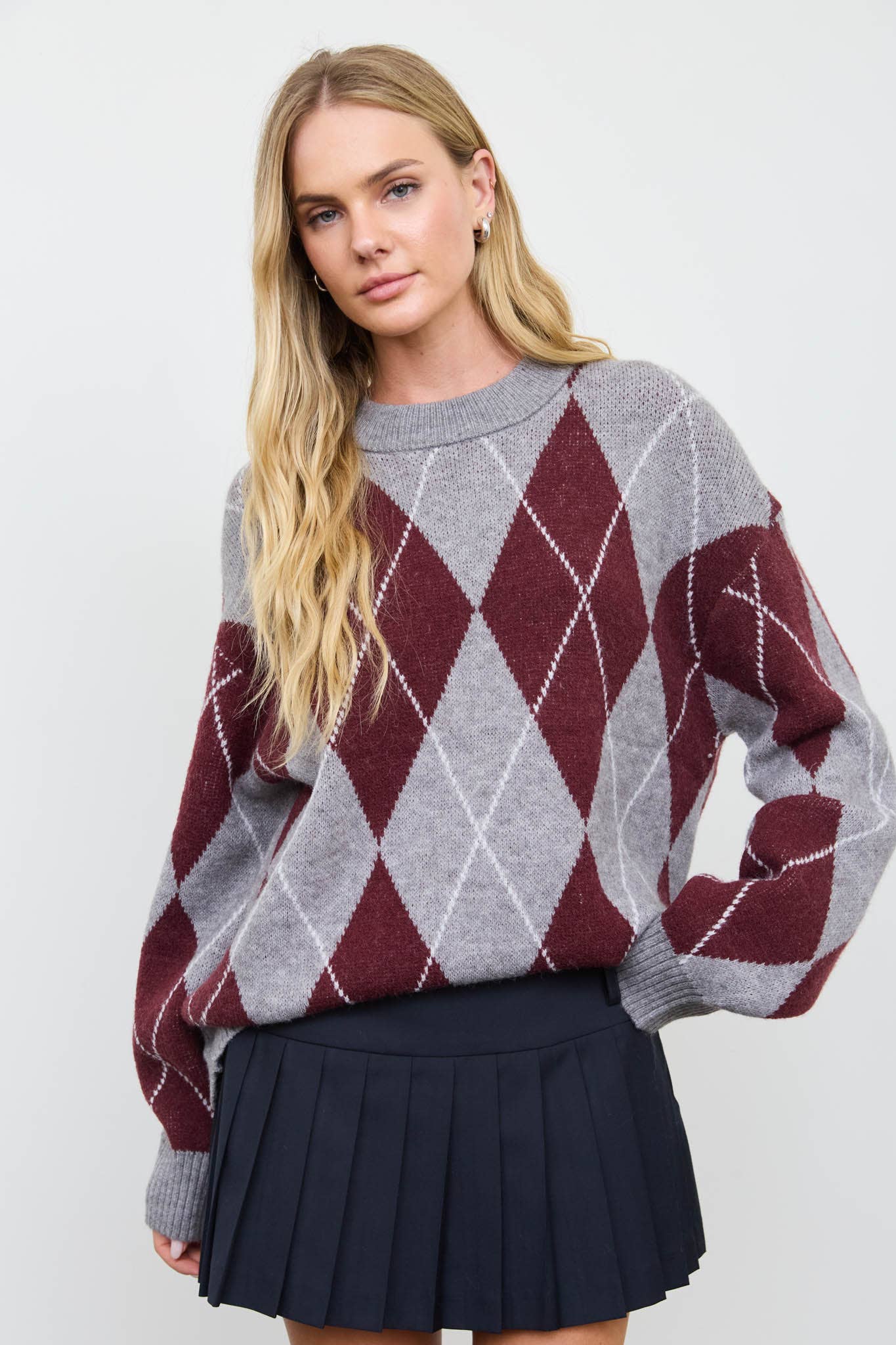 OVERSIZED ARGYLE CREW NECK KNIT PULLOVER
