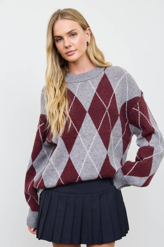 OVERSIZED ARGYLE CREW NECK KNIT PULLOVER