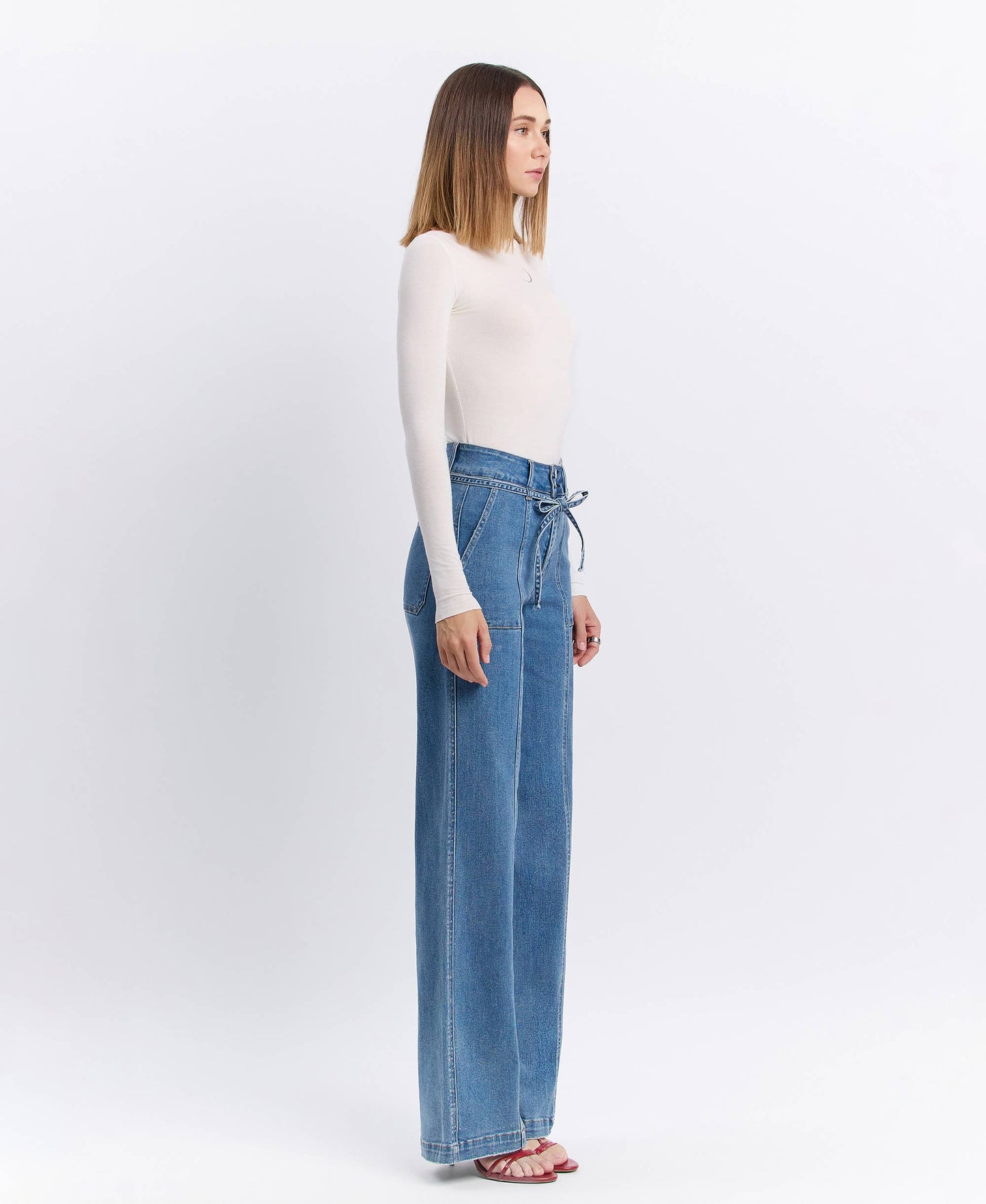 SUPER HIGH RISE TIE WAISTBAND WIDE LEG JEANS