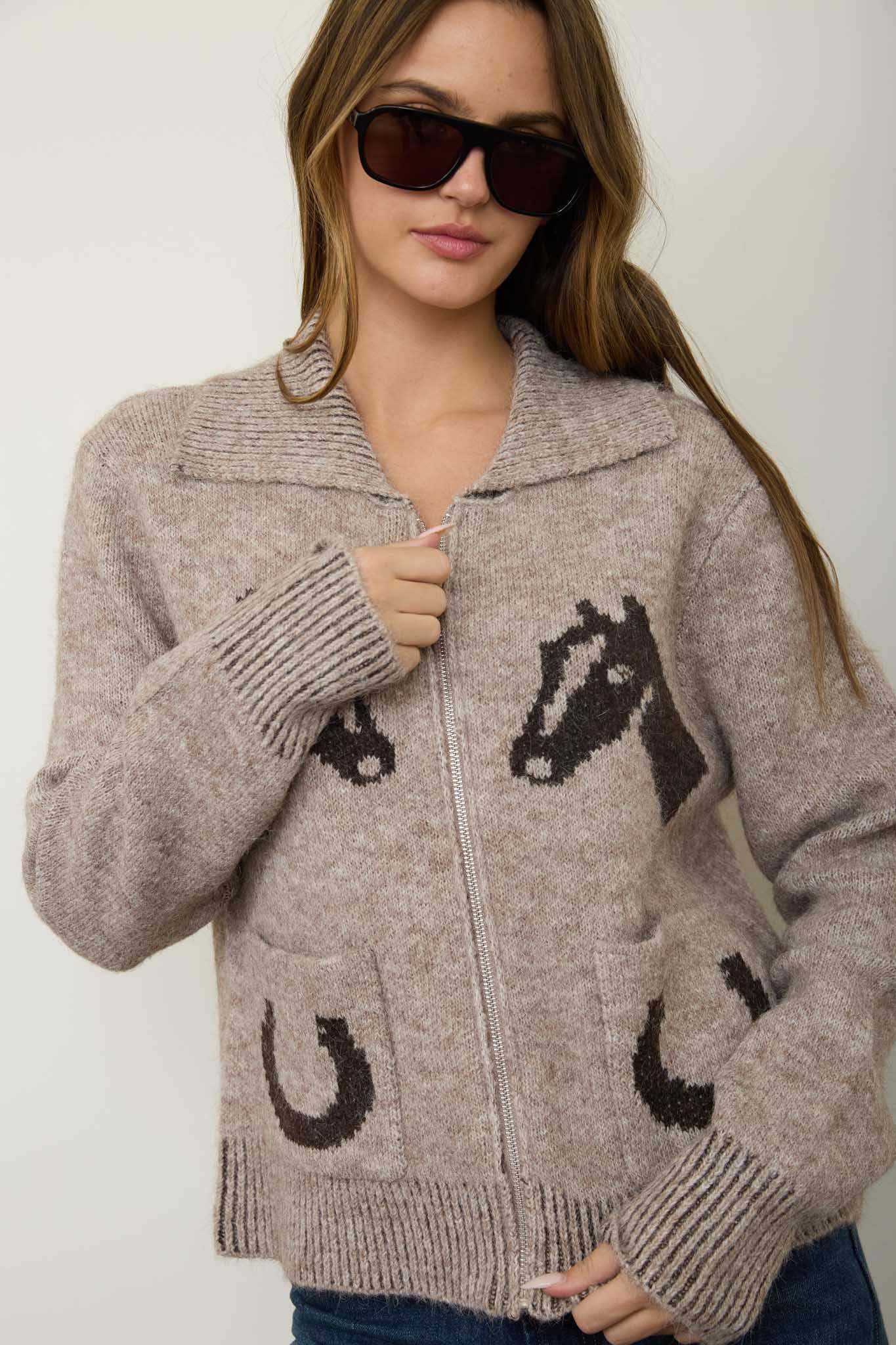 WESTERN JACQUARD COLLARED ZIP-UP KNIT CARDIGAN