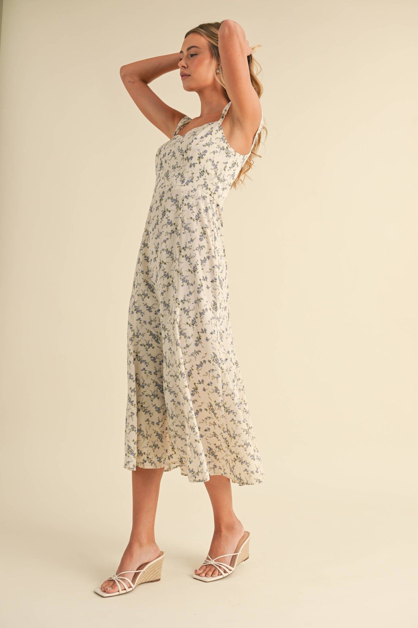 CAP SLEEVE FIT AND FLARE FLORAL PRINTED MIDI DRESS