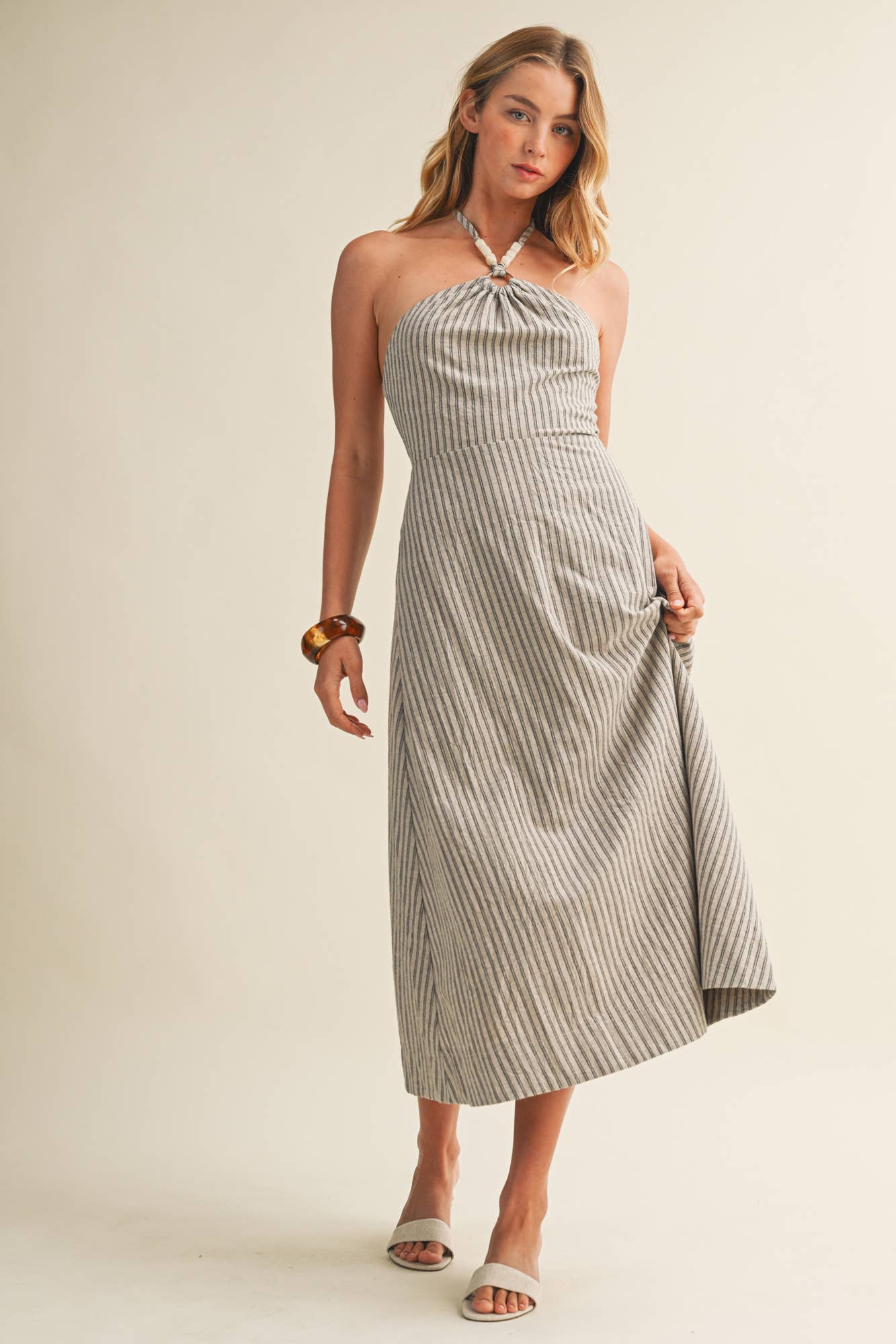 BEADED HALTER STRIPED DRESS