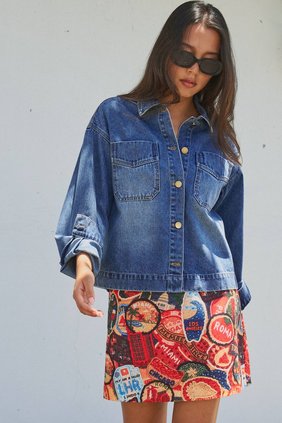 Travel Patch Print A-Line Mini Skirt