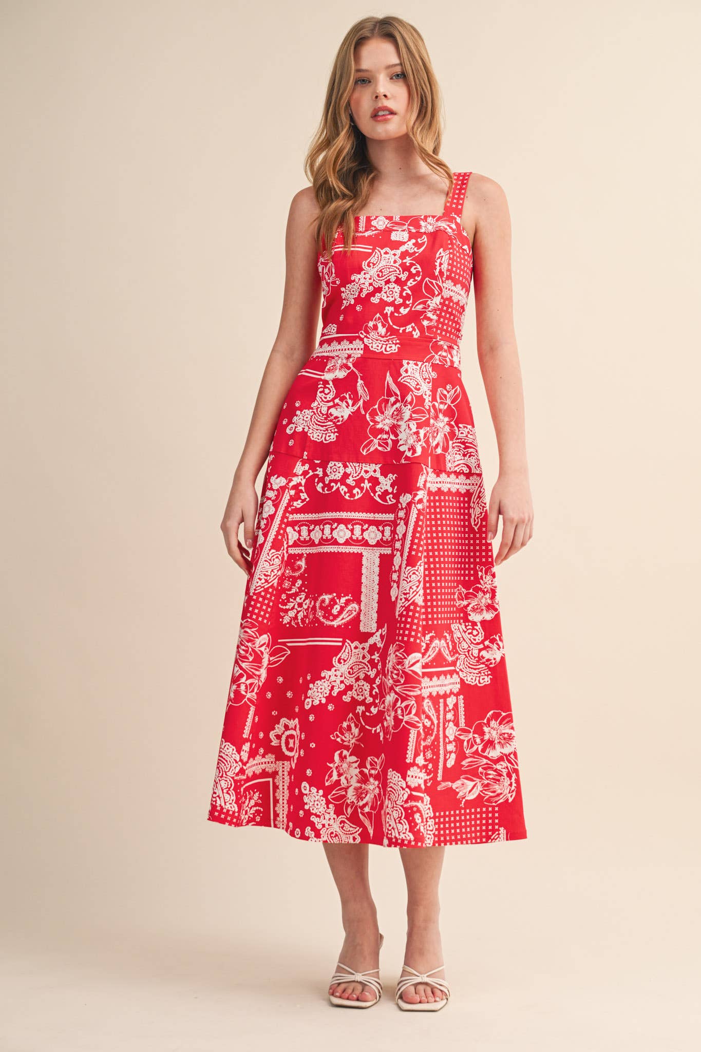 FLORAL PAISLEY PRINT DENIM MIDI DRESS