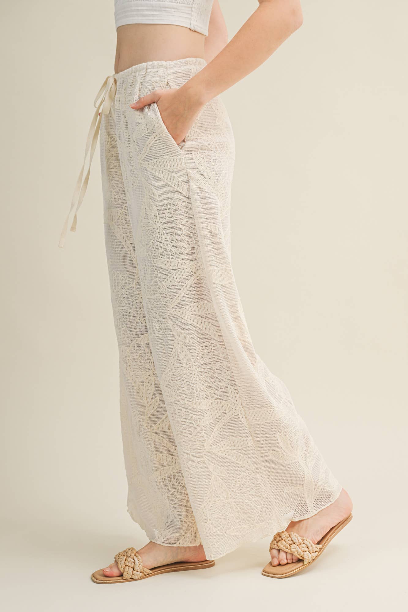 FAUX CROCHET WIDE LEG PANTS WITH WAIST DRAWSTRING