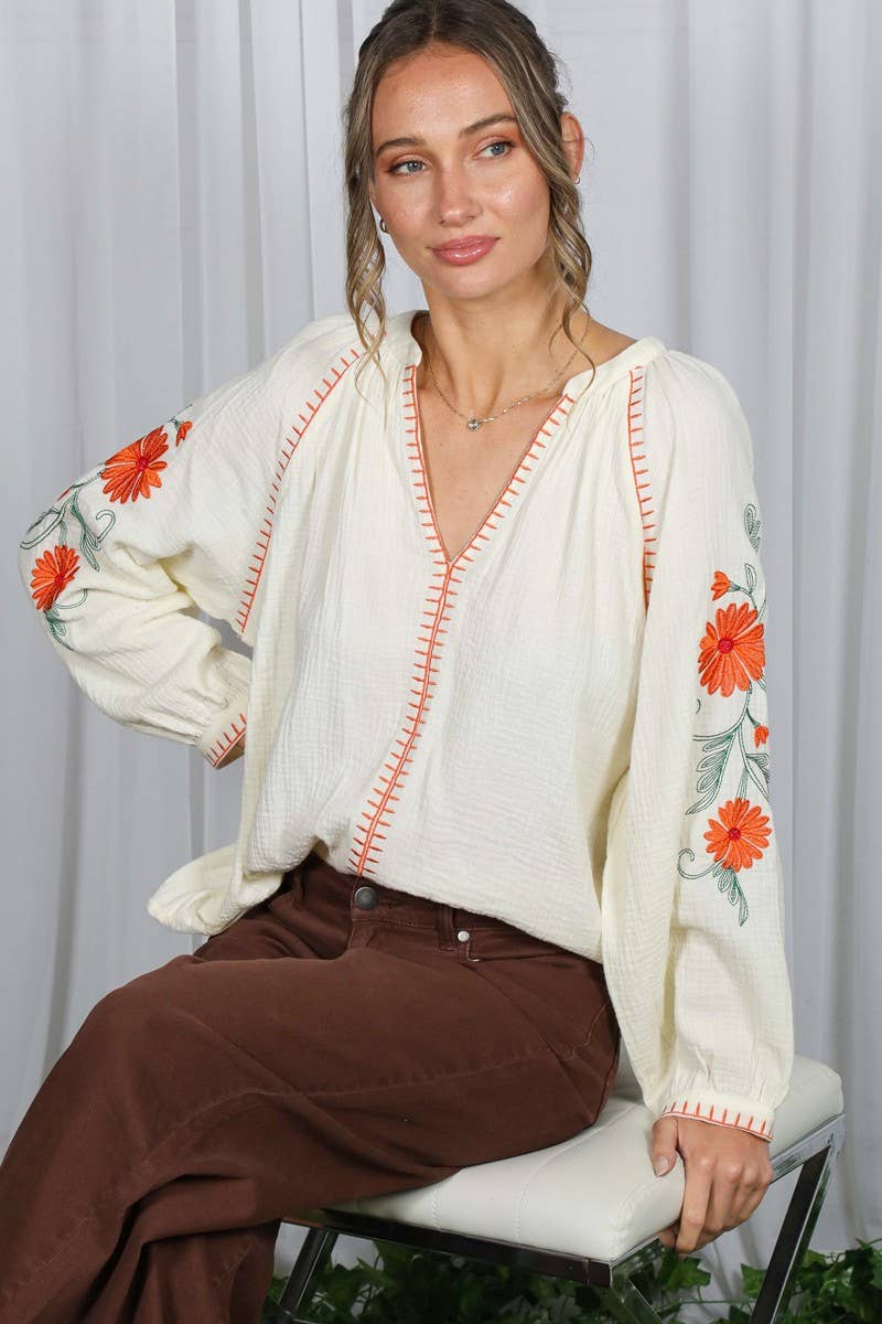 Boho Floral Embroidered  Gauze Blouse