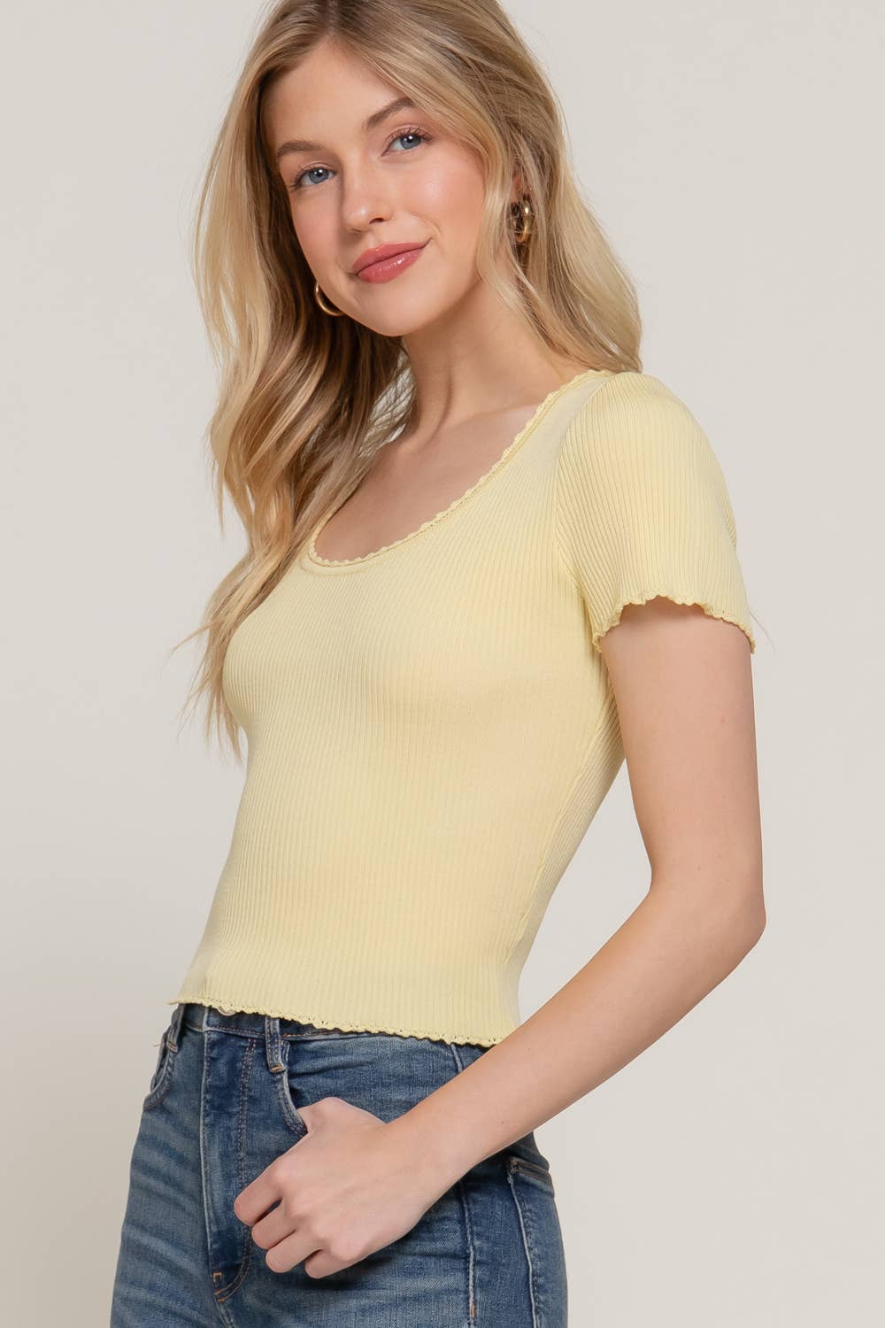 Short Sleeve Scoop Neck With Scallop Detail Spring Sweater