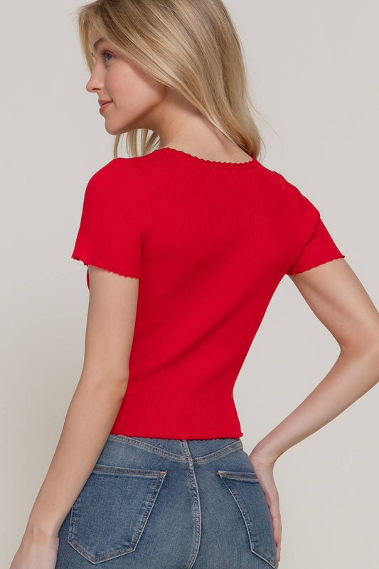 Short Sleeve Scoop Neck With Scallop Detail Sweater