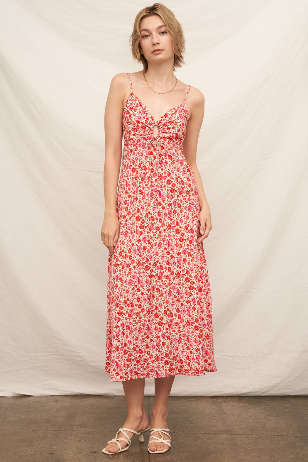 Sleeveless Floral Print Keyhole Detail Midi Dress