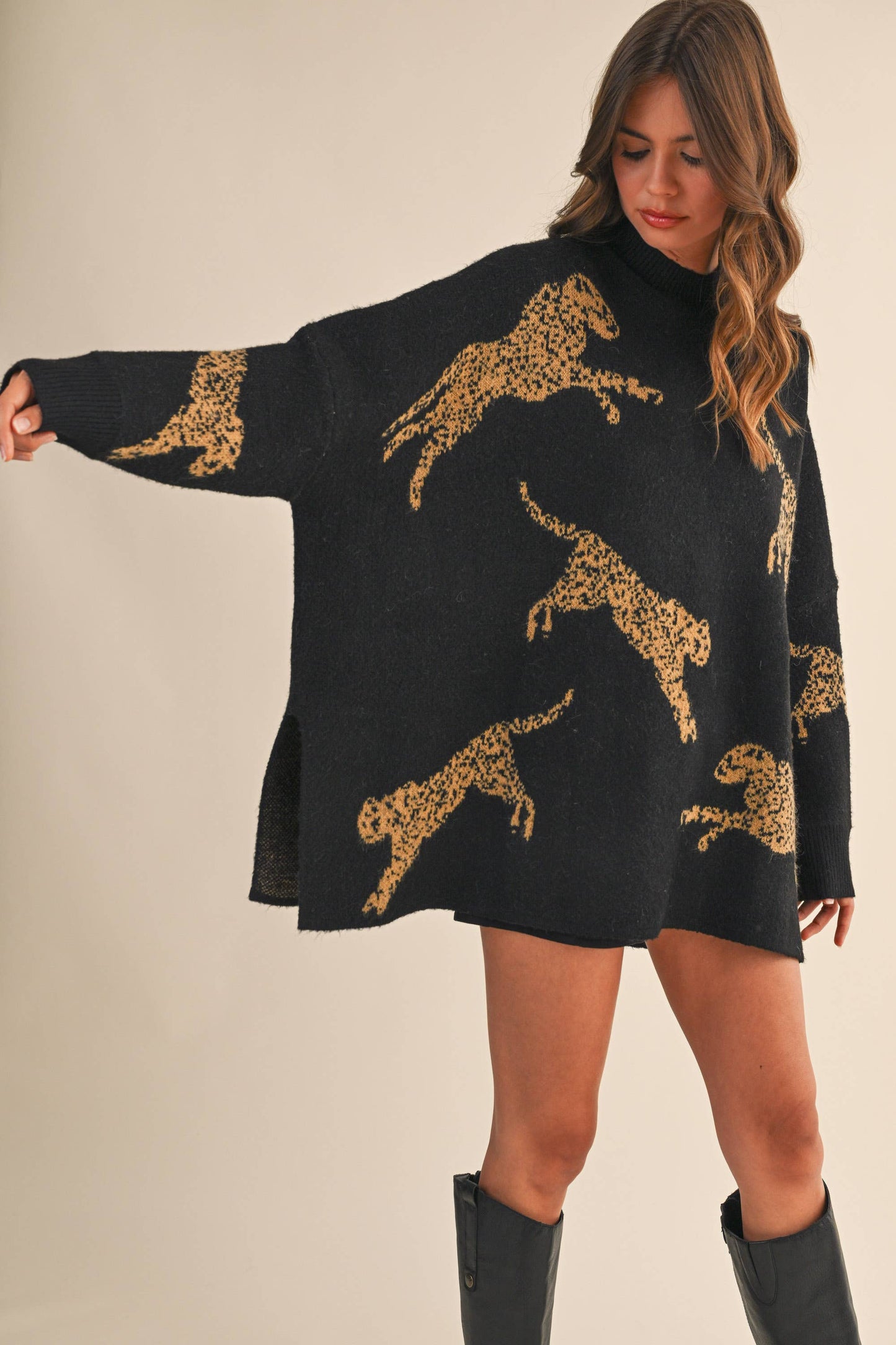 CHEETAH PRINT OVERSIZED MOCK NECK SWEATER