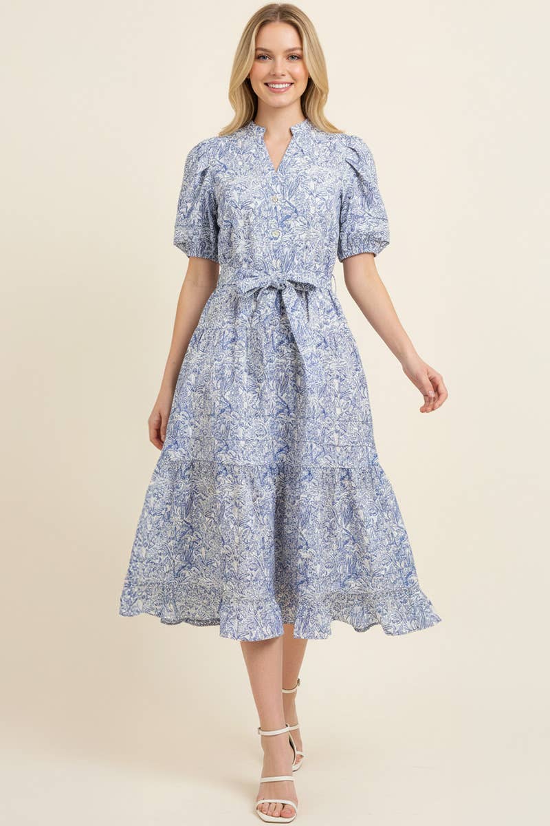 FLORAL PRINT TIERED MIDI DRESS WITH PUFF SLEEVES - 5704DB