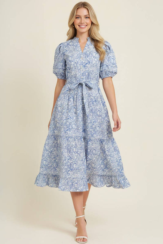 FLORAL PRINT TIERED MIDI DRESS WITH PUFF SLEEVES - 5704DB