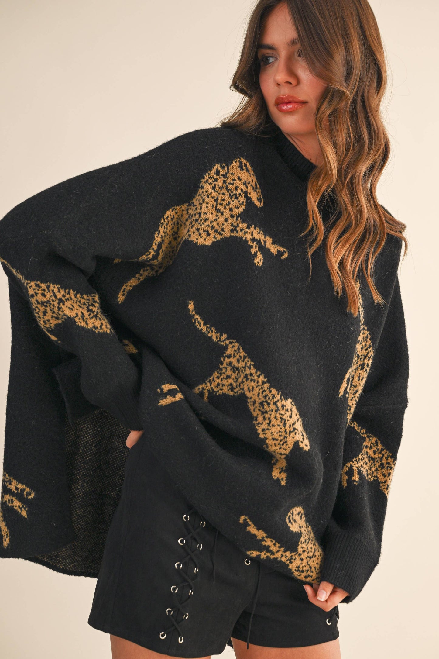 CHEETAH PRINT OVERSIZED MOCK NECK SWEATER