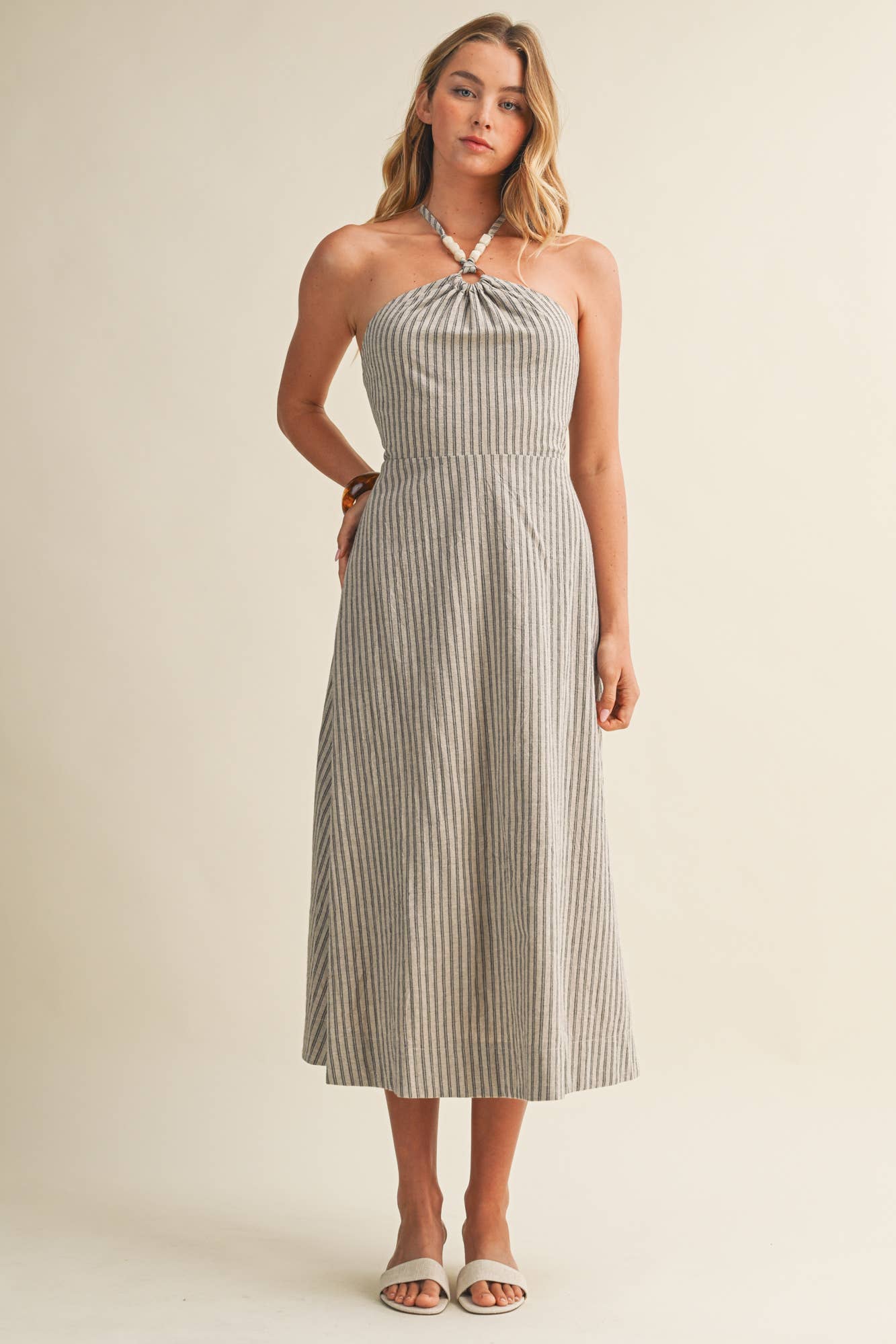 BEADED HALTER STRIPED DRESS