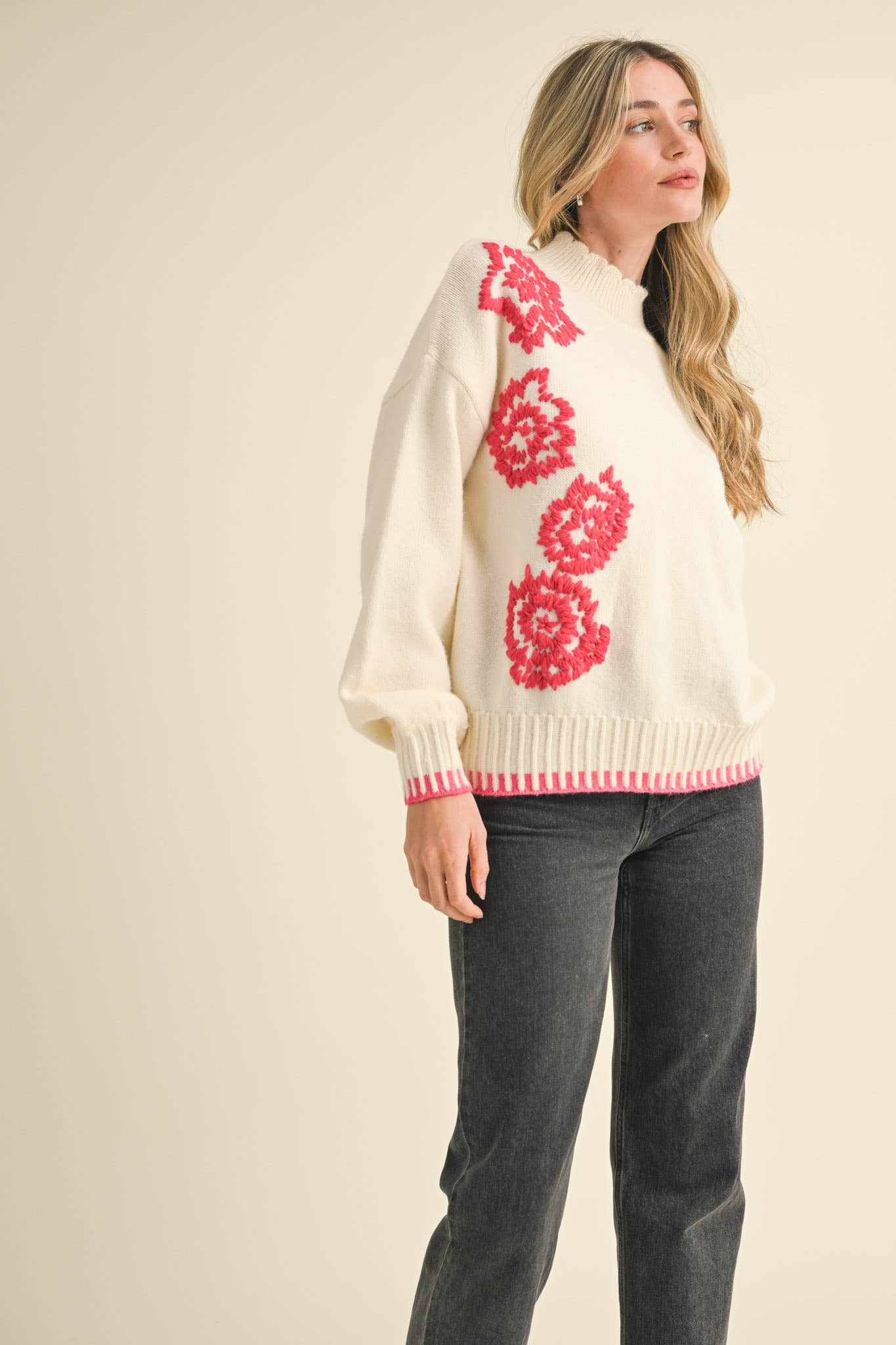 FLORAL EMBROIDERY MOCK NECK SWEATER