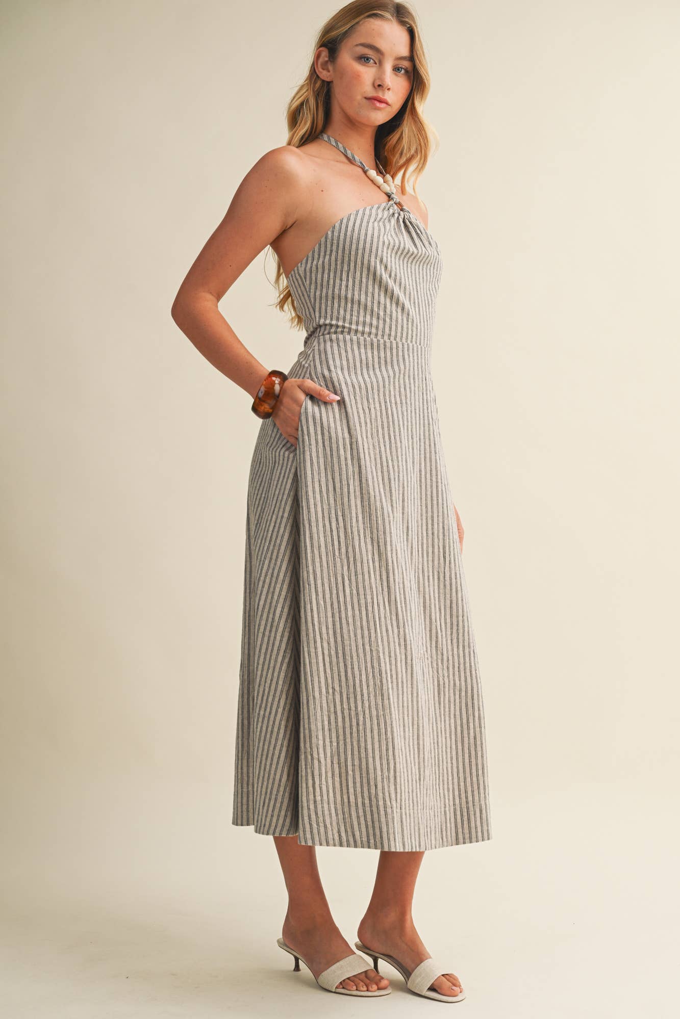 BEADED HALTER STRIPED DRESS
