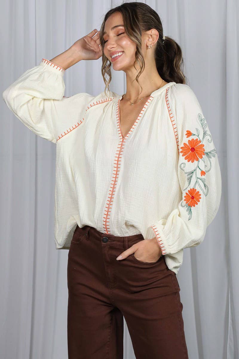 Boho Floral Embroidered  Gauze Blouse