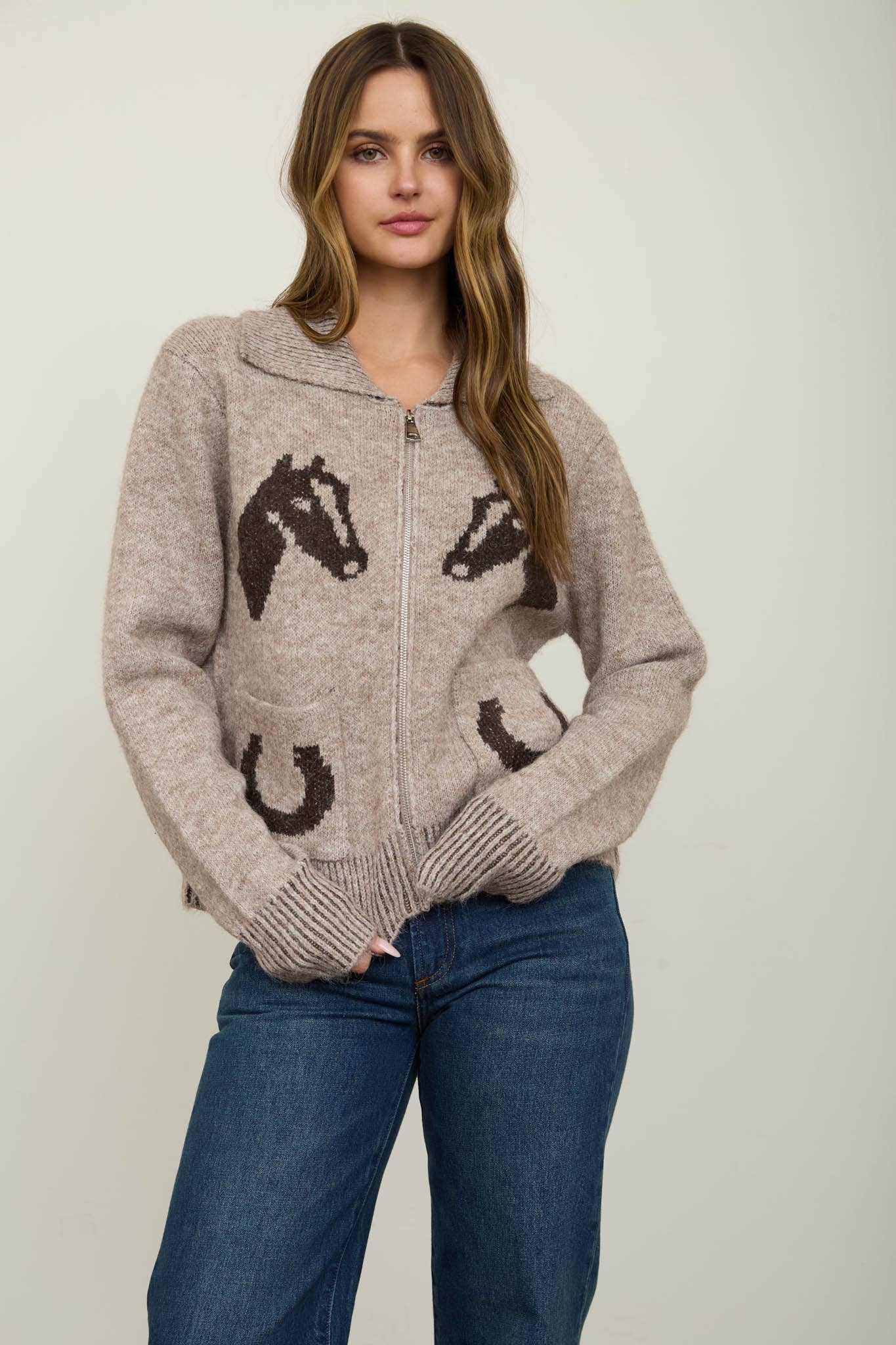 WESTERN JACQUARD COLLARED ZIP-UP KNIT CARDIGAN