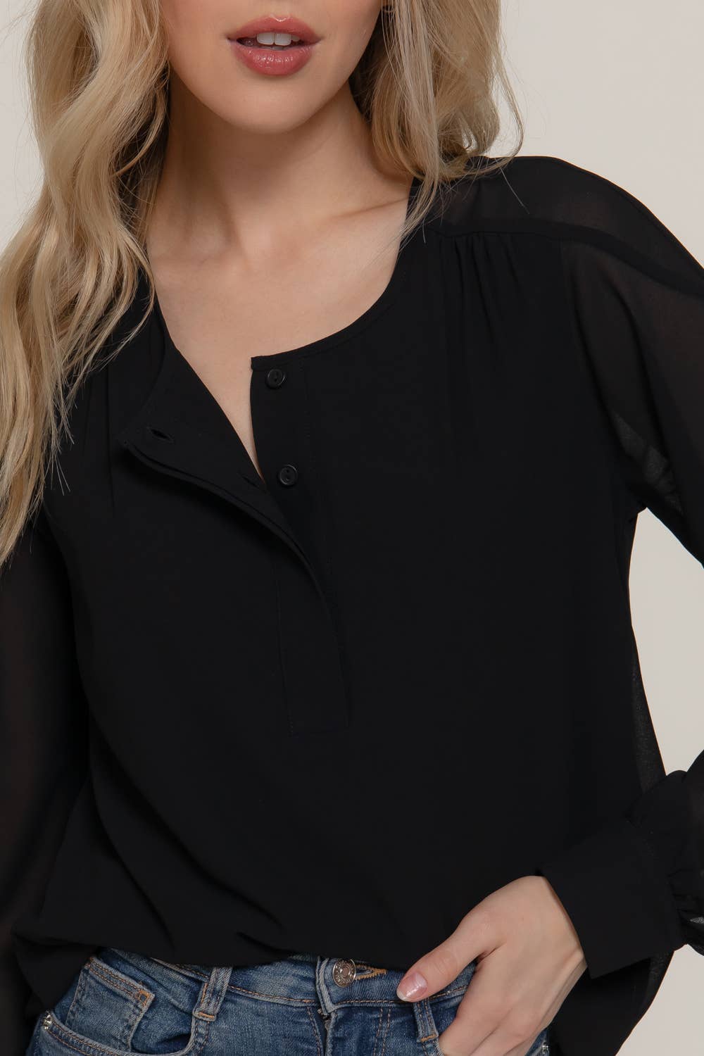 Long Sleeve Round Neck Chiffon Blouse