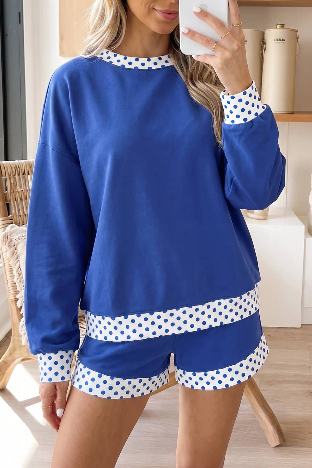 Polka Dot Trim Print Mock Neck Top and Shorts Set