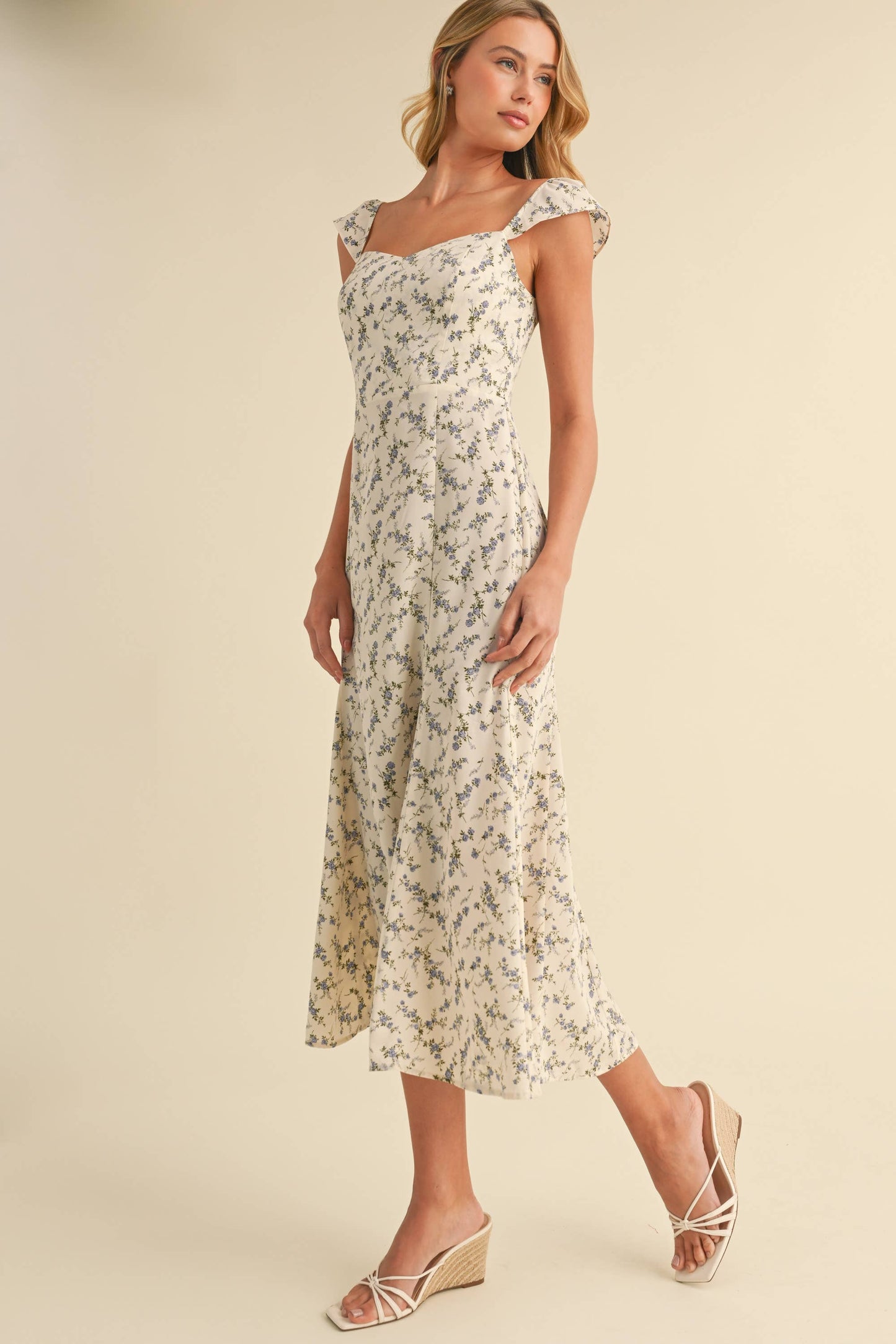 CAP SLEEVE FIT AND FLARE FLORAL PRINTED MIDI DRESS