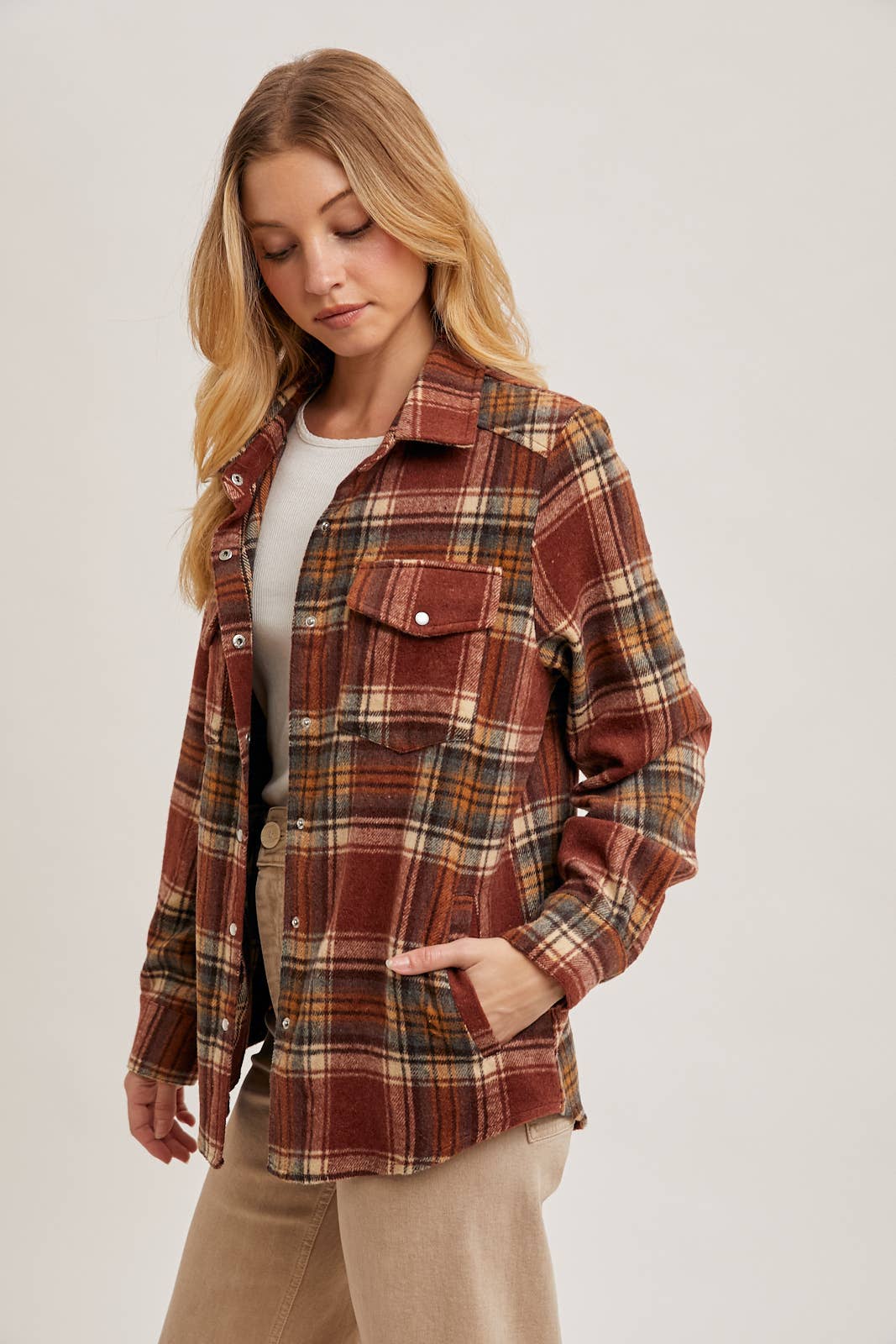 BUTTON DOWN PLAID SHACKET